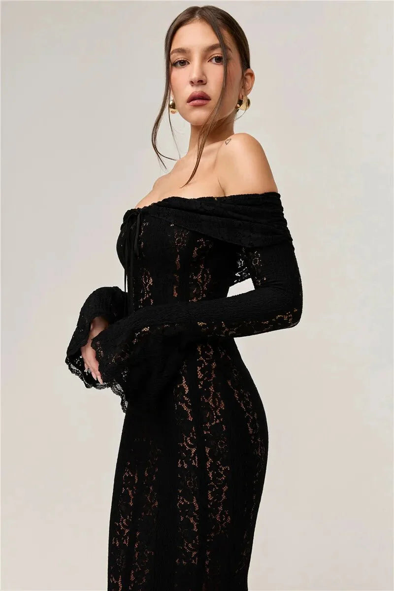 Lace Off-Shoulder Strapless Bodycon Maxi Dress