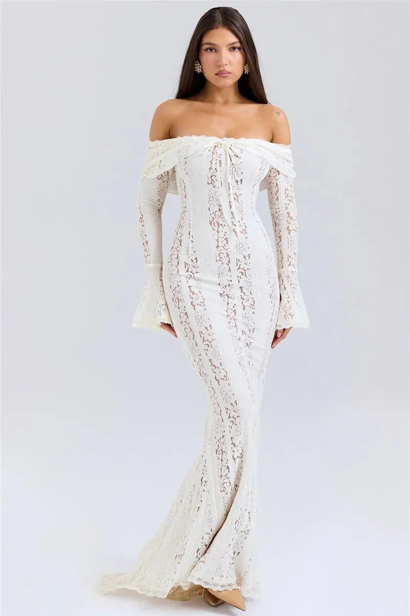 Lace Off-Shoulder Strapless Bodycon Maxi Dress