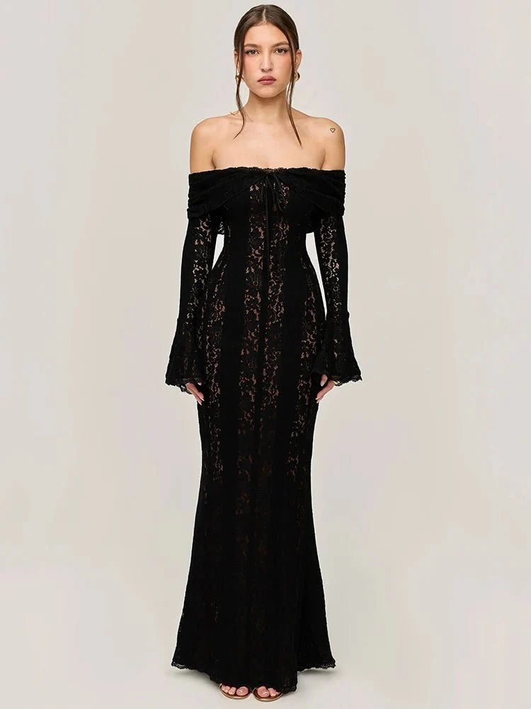 Lace Off-Shoulder Strapless Bodycon Maxi Dress
