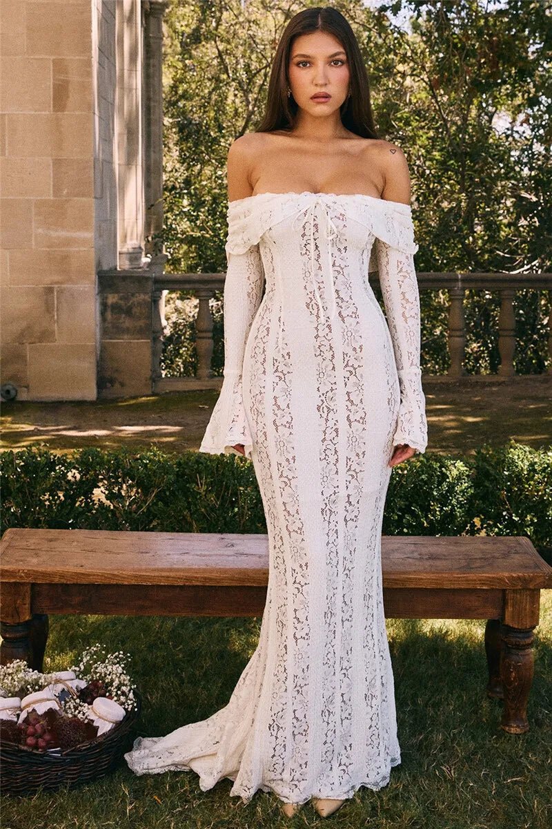 Lace Off-Shoulder Strapless Bodycon Maxi Dress