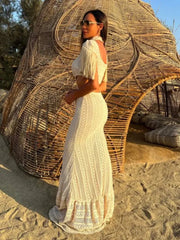Lace Turtleneck Tassel Sleeve Slim Naked Waist Hollow Out Long Dress