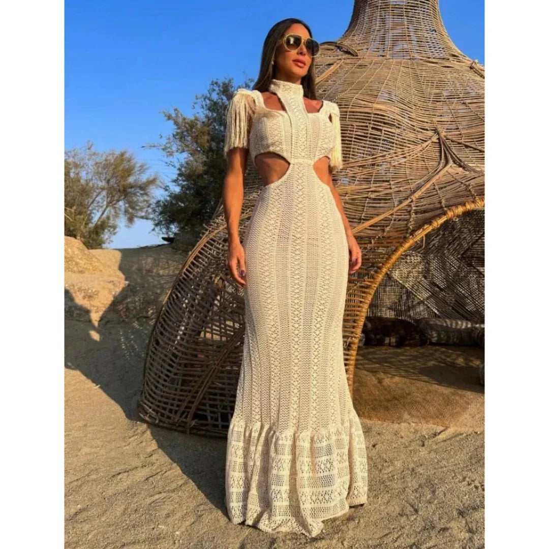 Lace Turtleneck Tassel Sleeve Slim Naked Waist Hollow Out Long Dress
