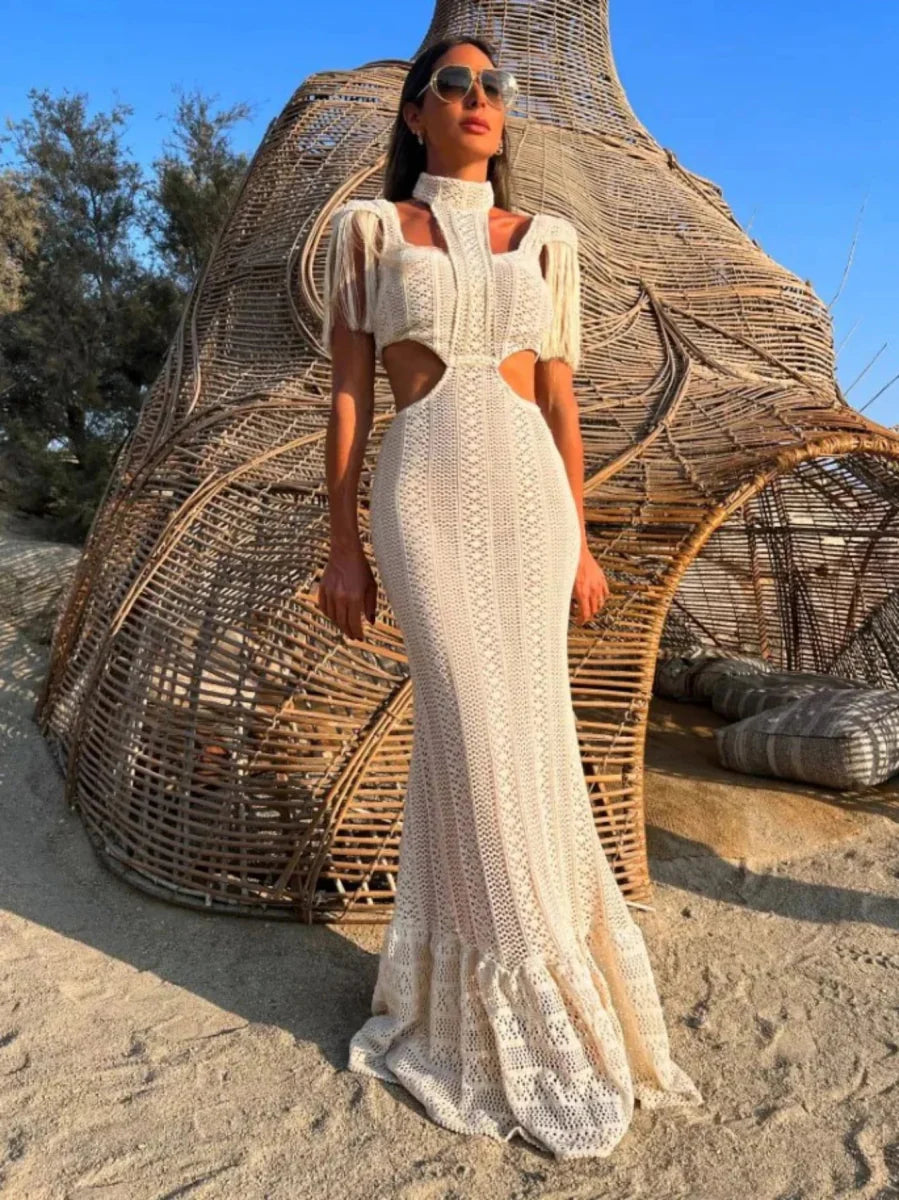 Lace Turtleneck Tassel Sleeve Slim Naked Waist Hollow Out Long Dress