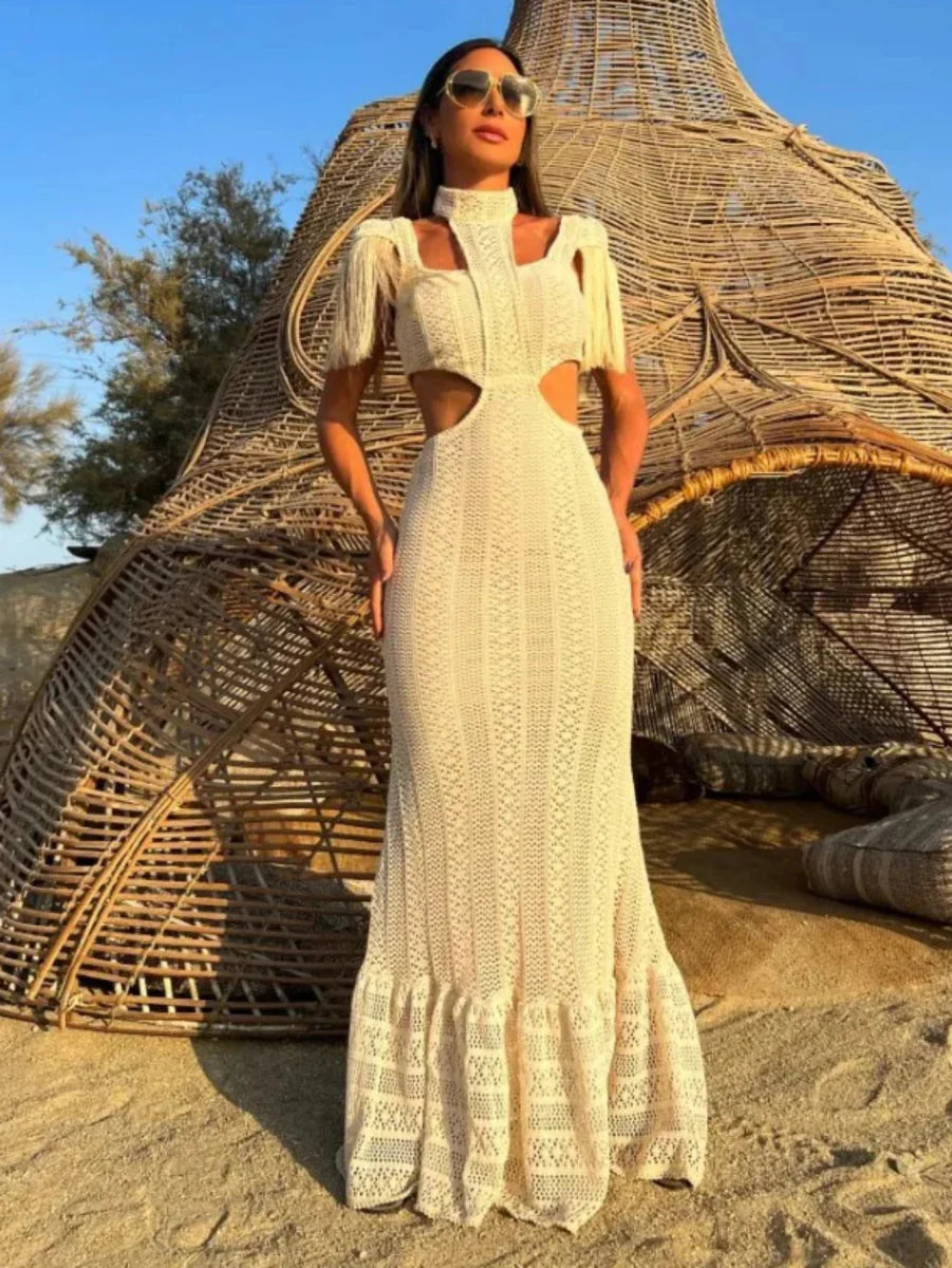 Lace Turtleneck Tassel Sleeve Slim Naked Waist Hollow Out Long Dress