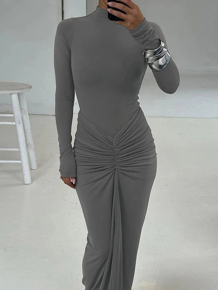 Long Sleeve Pleated Evening Dress