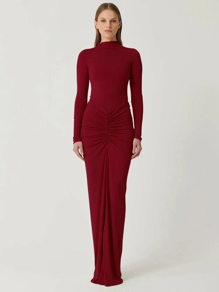 Long Sleeve Pleated Evening Dress