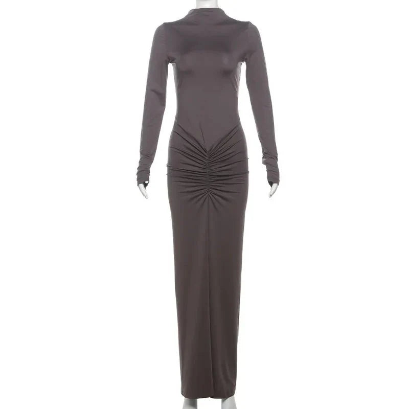 Long Sleeve Pleated Evening Dress
