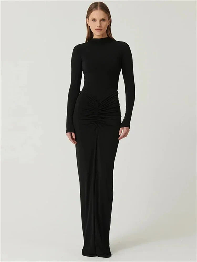 Long Sleeve Pleated Evening Dress