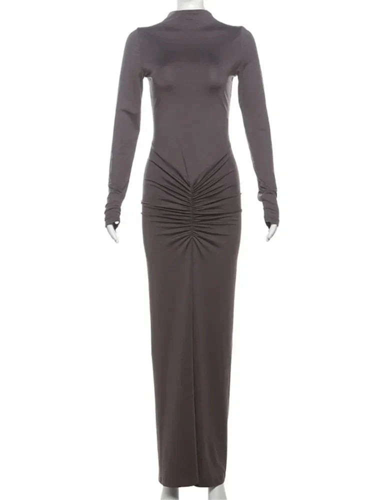 Long Sleeve Pleated Evening Dress