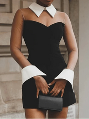Mesh See-Through Turn-Down Collar Dress