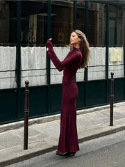 Mock Neck Pleated Hem Maxi Dress