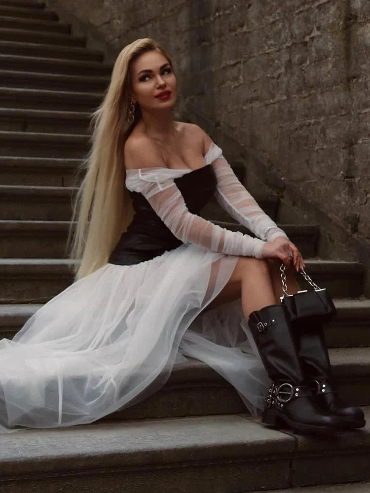 Off the Shoulder Long Sleeves Mesh Photoshoot Dress