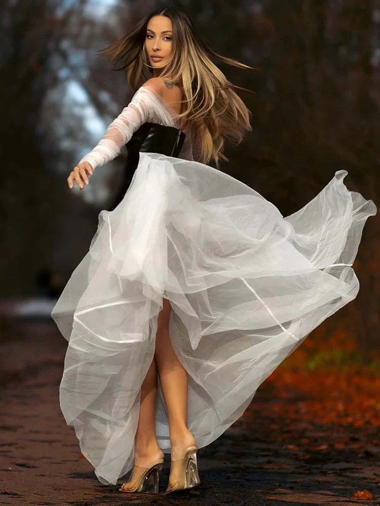 Off the Shoulder Long Sleeves Mesh Photoshoot Dress