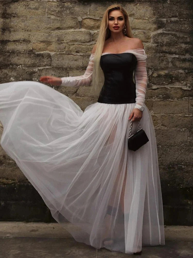 Off the Shoulder Long Sleeves Mesh Photoshoot Dress