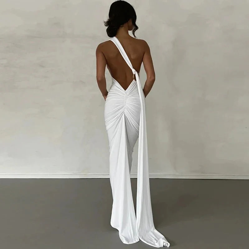One Shoulder Backless Adjustable Scarf Loop Ruched Sexy Maxi Dress