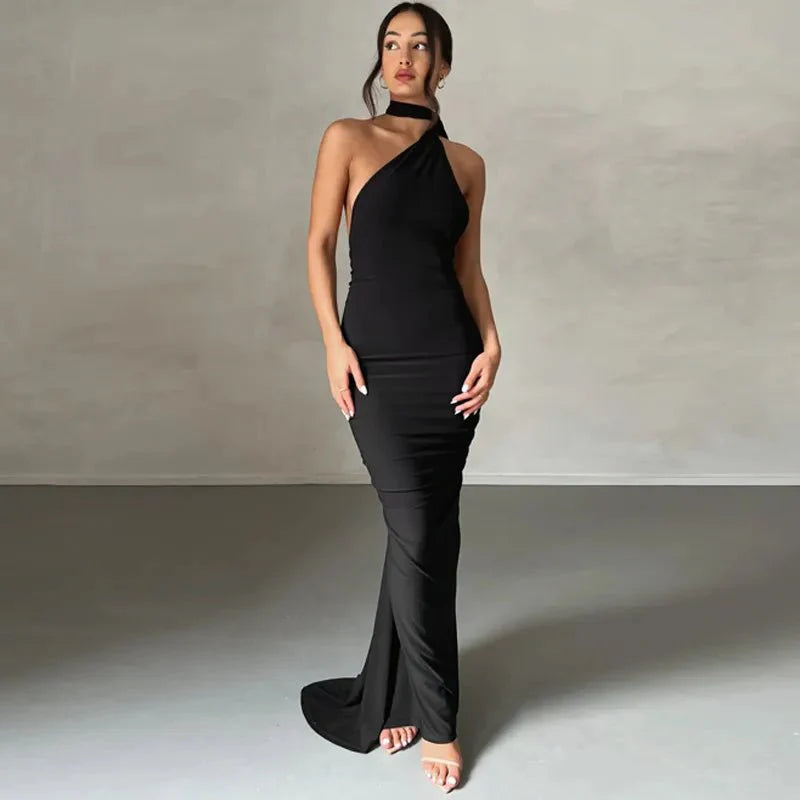 One Shoulder Backless Adjustable Scarf Loop Ruched Sexy Maxi Dress