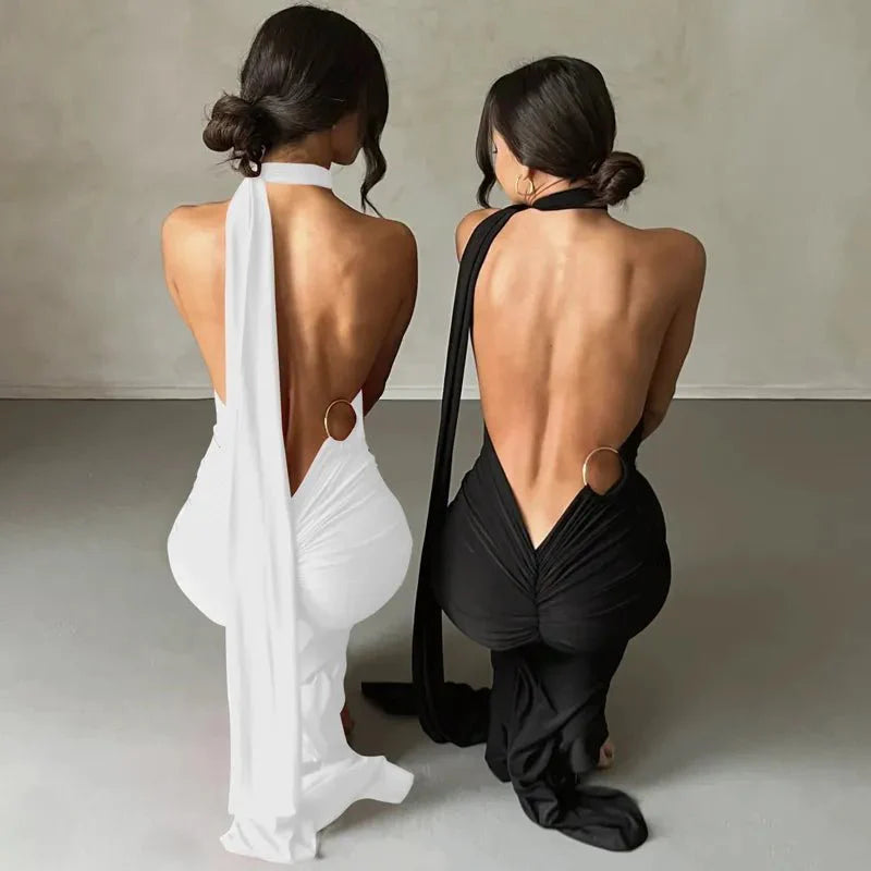 One Shoulder Backless Adjustable Scarf Loop Ruched Sexy Maxi Dress