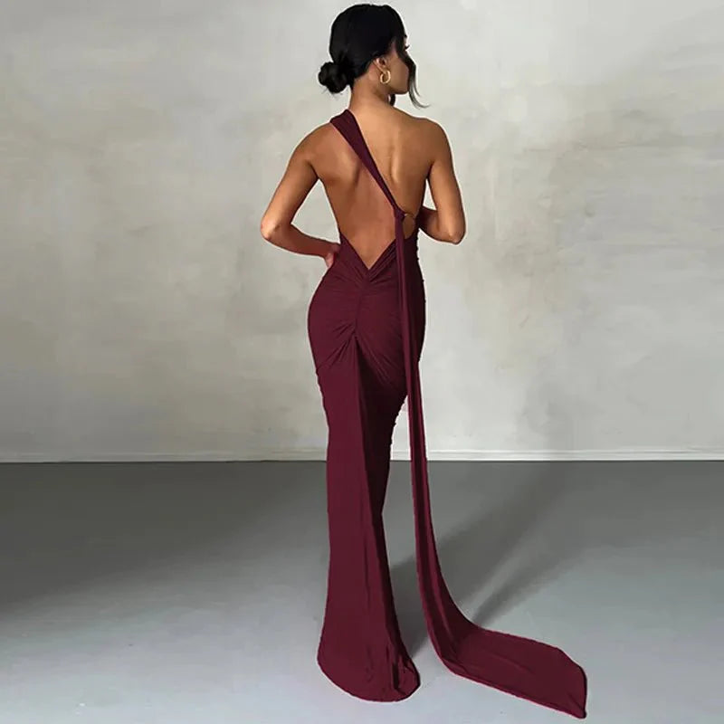 One Shoulder Backless Adjustable Scarf Loop Ruched Sexy Maxi Dress