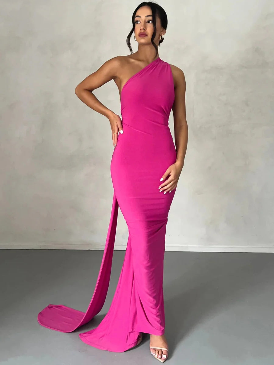 One Shoulder Backless Adjustable Scarf Loop Ruched Sexy Maxi Dress
