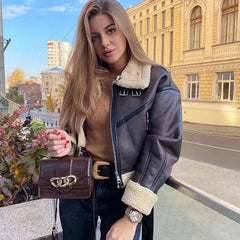 OVERSIZED FLEECED BUCKLE TRIM FAUX LEATHER CROPPED COAT - BROWN