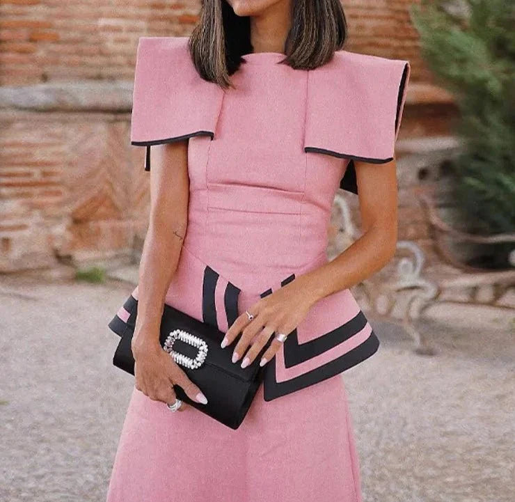 Pink Contrast Short Sleeve Work Dress
