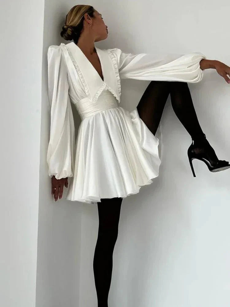 Ruffles Turn Collar Belted Retro Party Evening Mini Dress