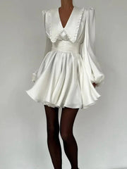 Ruffles Turn Collar Belted Retro Party Evening Mini Dress