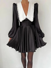 Ruffles Turn Collar Belted Retro Party Evening Mini Dress