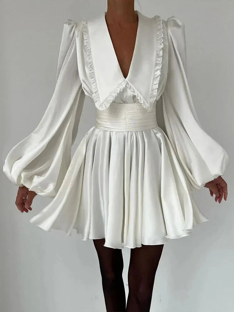 Ruffles Turn Collar Belted Retro Party Evening Mini Dress
