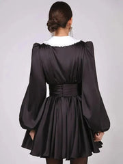 Ruffles Turn Collar Belted Retro Party Evening Mini Dress