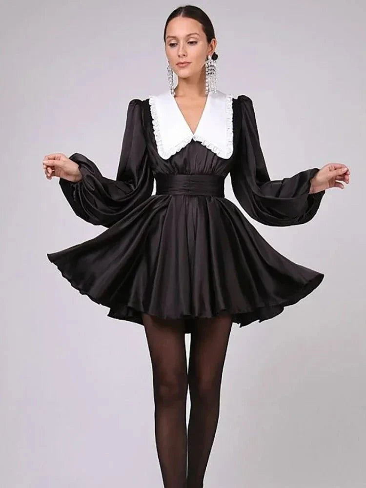 Ruffles Turn Collar Belted Retro Party Evening Mini Dress
