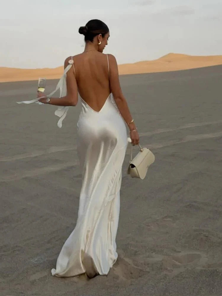 Satin Backless Lace-Up Sling Dress