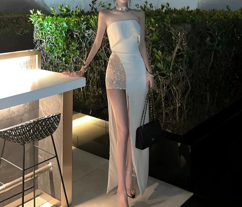 Satin Sequined Cocktail Party Slit Dress