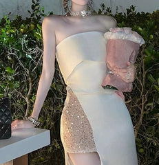 Satin Sequined Cocktail Party Slit Dress