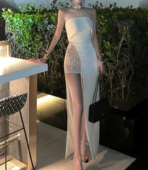 Satin Sequined Cocktail Party Slit Dress