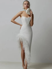 Sexy Strapless Feather Evening Bodycon Party Dress