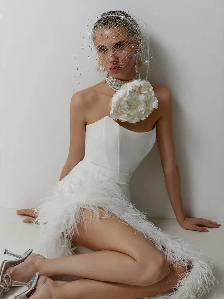 Sexy Strapless Feather Evening Bodycon Party Dress