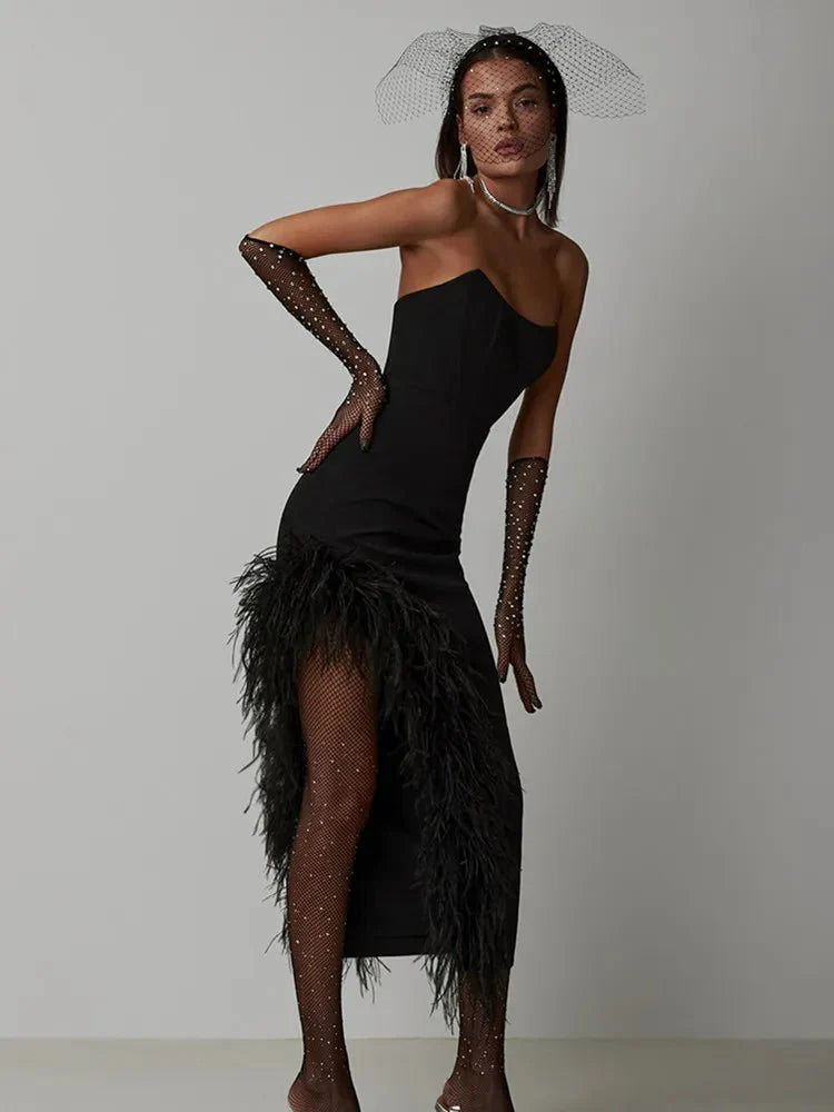 Sexy Strapless Feather Evening Bodycon Party Dress