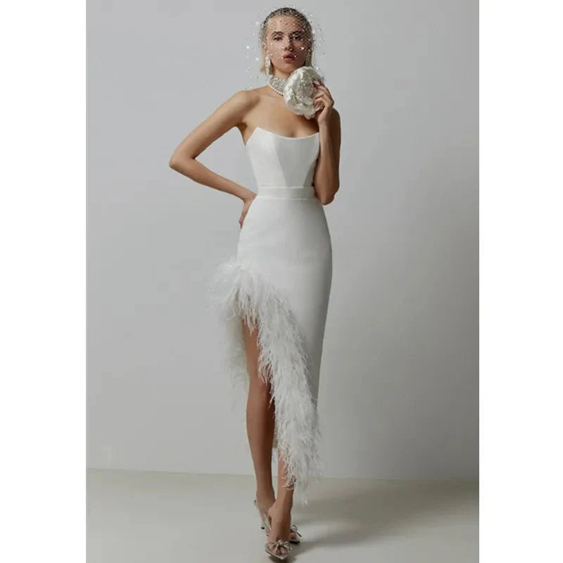Sexy Strapless Feather Evening Bodycon Party Dress