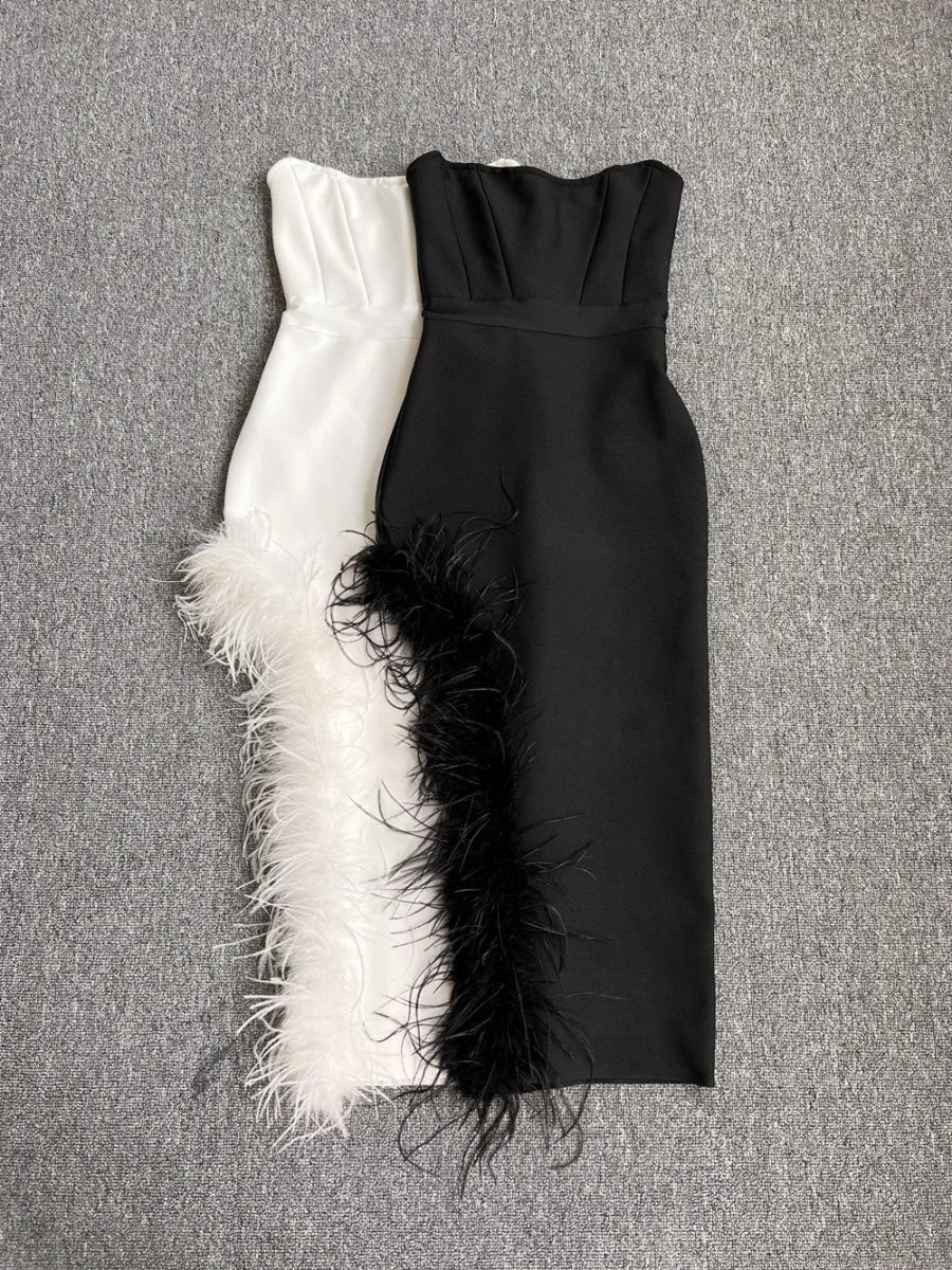 Sexy Strapless Feather Evening Bodycon Party Dress