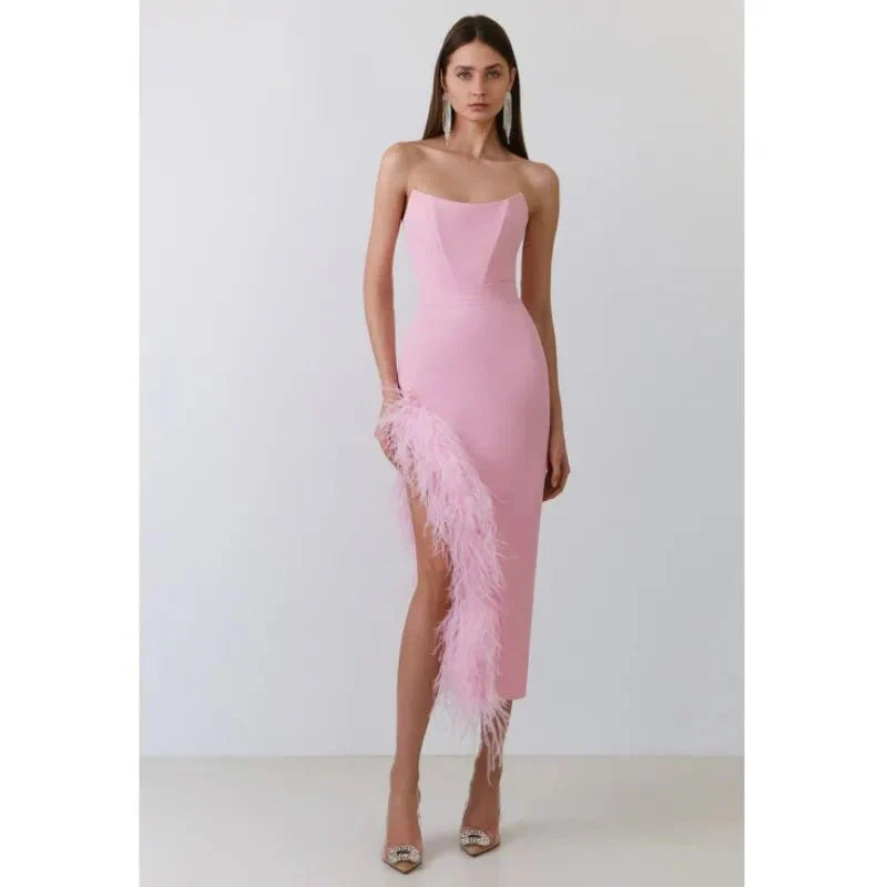 Sexy Strapless Feather Evening Bodycon Party Dress