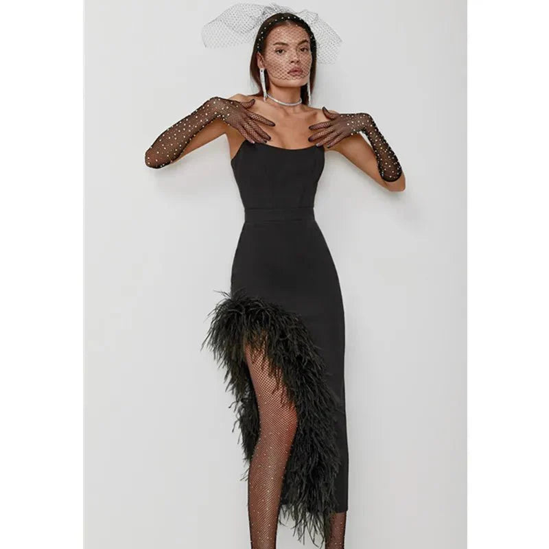Sexy Strapless Feather Evening Bodycon Party Dress