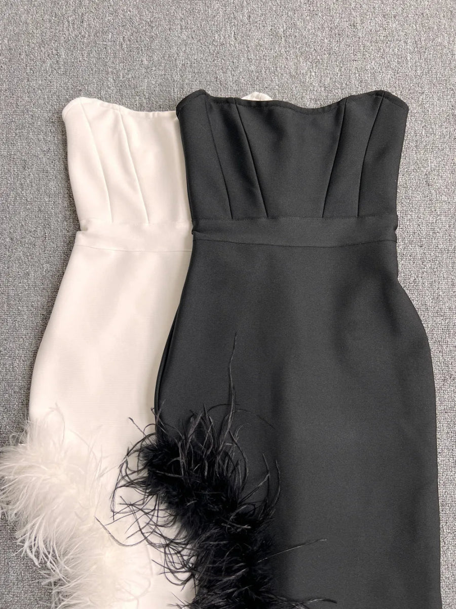 Sexy Strapless Feather Evening Bodycon Party Dress