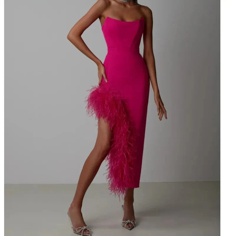 Sexy Strapless Feather Evening Bodycon Party Dress