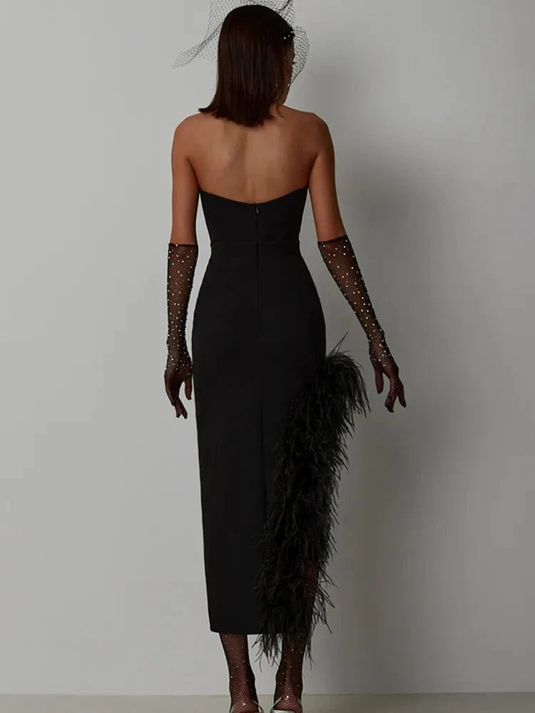 Sexy Strapless Feather Evening Bodycon Party Dress