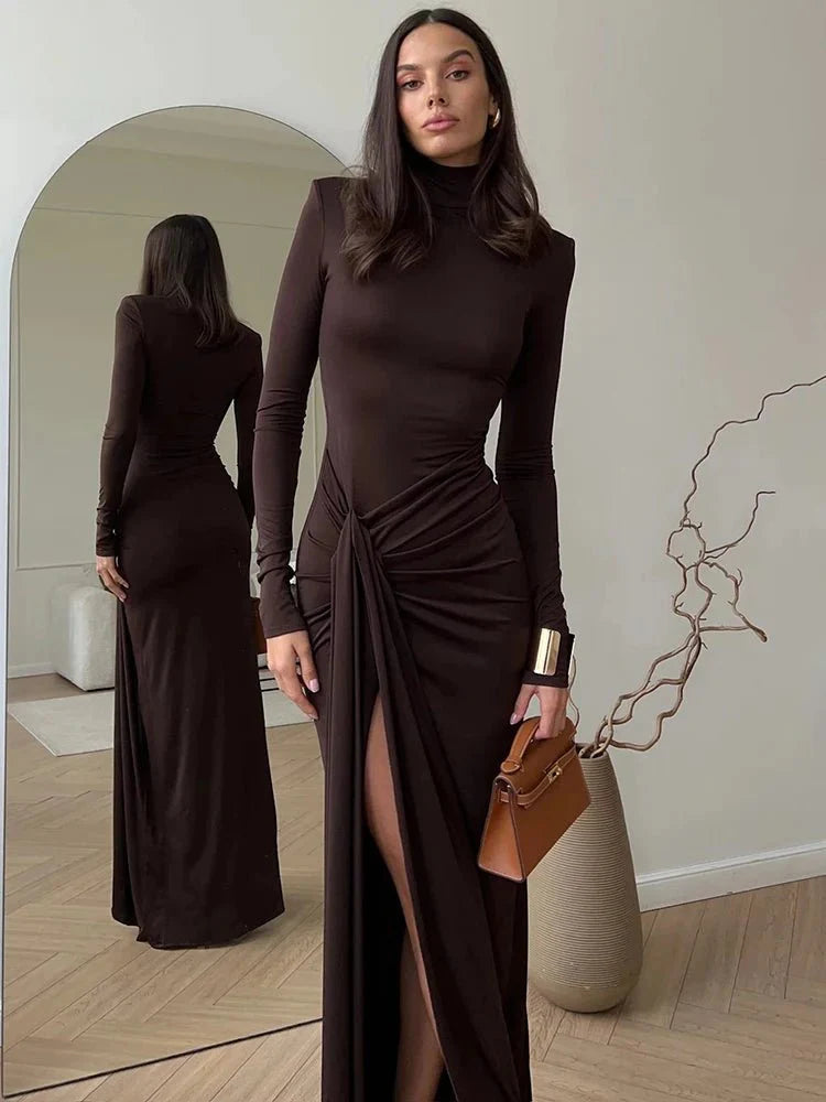 Sexy Turtleneck Thigh-Slit Maxi Bodycon Dress