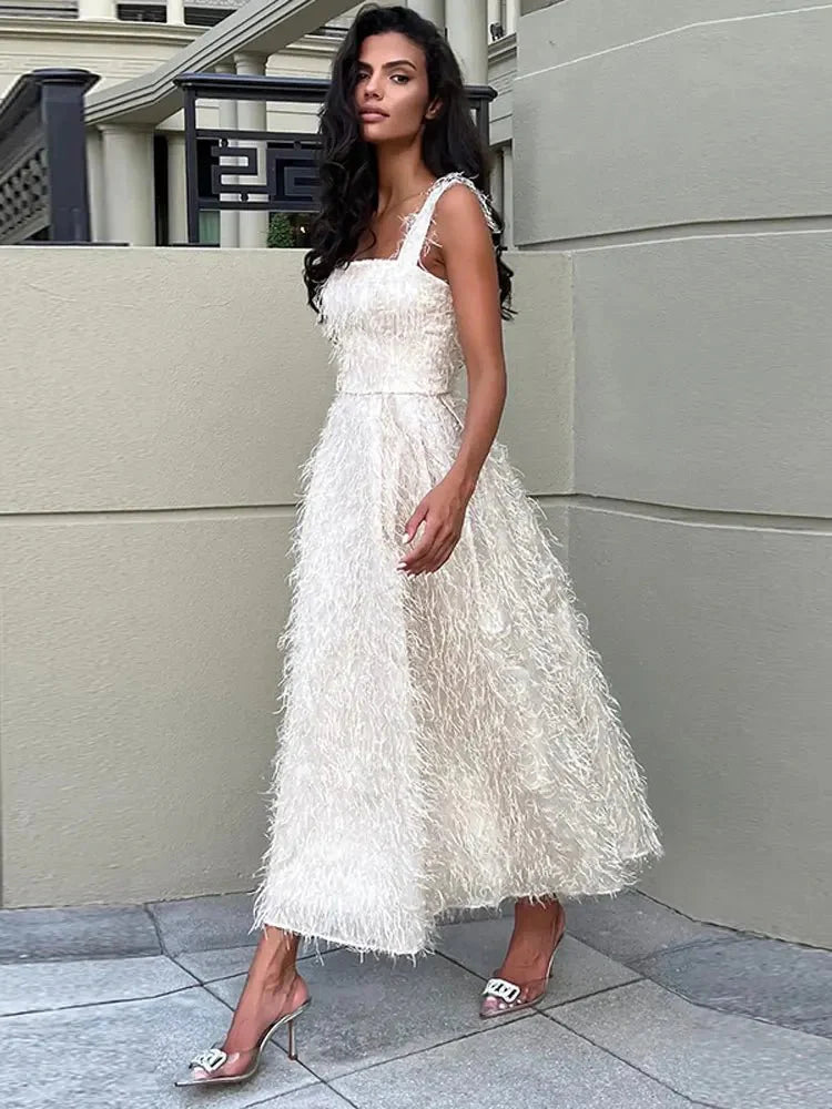 Sexy White Feather Backless Midi Dress