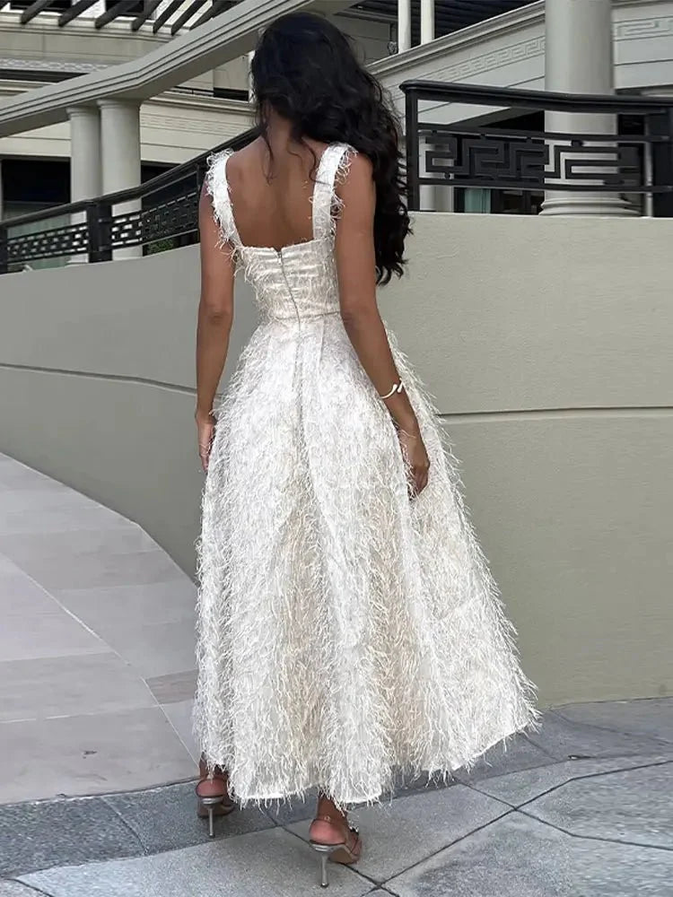 Sexy White Feather Backless Midi Dress