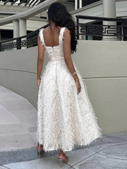 Sexy White Feather Backless Midi Dress