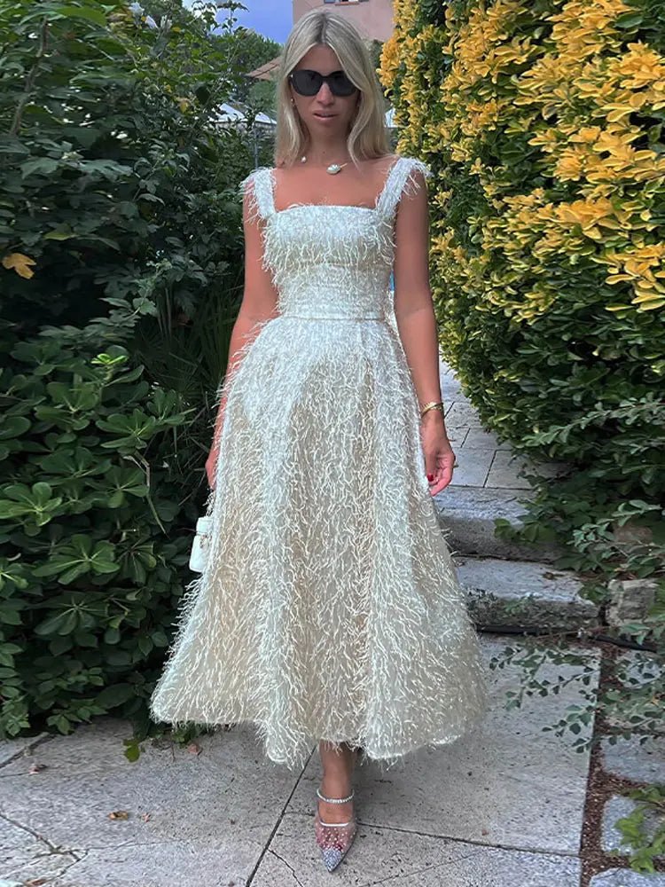 Sexy White Feather Backless Midi Dress